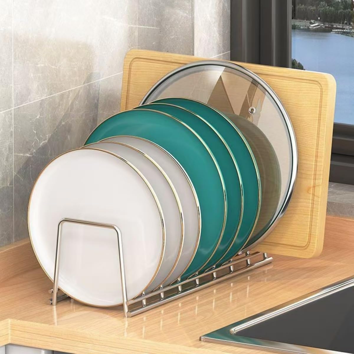 Dish Rack Plates Holder 2 Pack set, Plate organizer for cabinet space saver, Pan lid organizer, Kitchen Storage Cabinet Organizer for Plates/bowls/cups/lids/cutting boards/spatulas