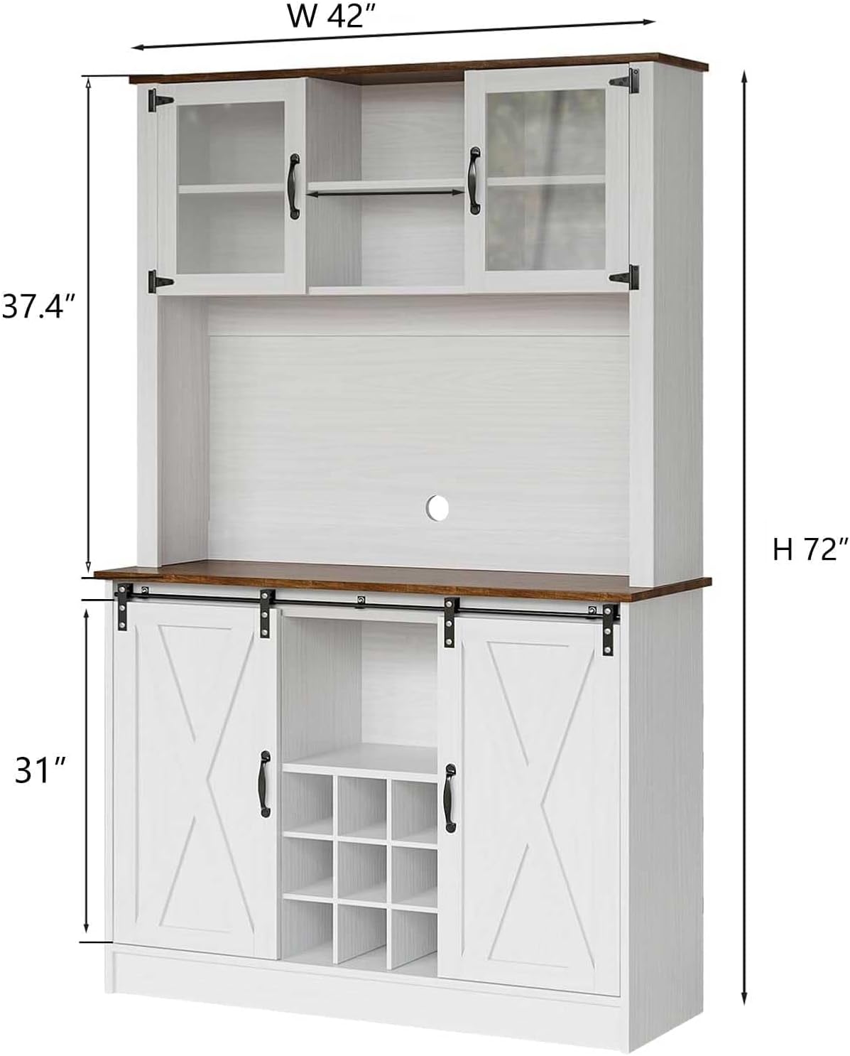 4ever2buy Farmhouse Coffee Bar Cabinet with 2 Glass Doors, 72'' White Bar Cabinet with Sliding Barn Door, Tall Wine Bar with 9 Racks, Coffee Bar Hutch with Storage for Living Room
