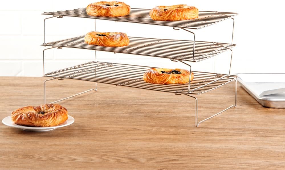 Restaurantware Met Lux 15.7 x 9.8 x 8.3 Inch Wire Baking Rack Set 1 Dishwashable Oven Wire Rack Set - 3-Tier Design Oven-Ready Up To 575F Stainless Steel Cooling Rack Set With Collapsible Feet