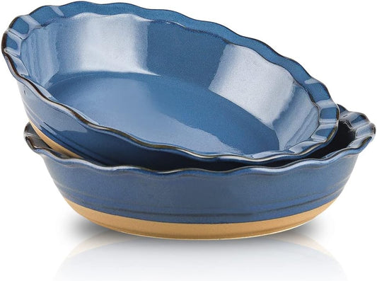 HVH 10 inch Pie Pan for Baking, Ceramic Pie Dish, Deep Dish Pie Plate for Dessert Kitchen, Deep Dish Pie Pan with Fluted Edge, Set of 2, Farmhouse Style (Blue)