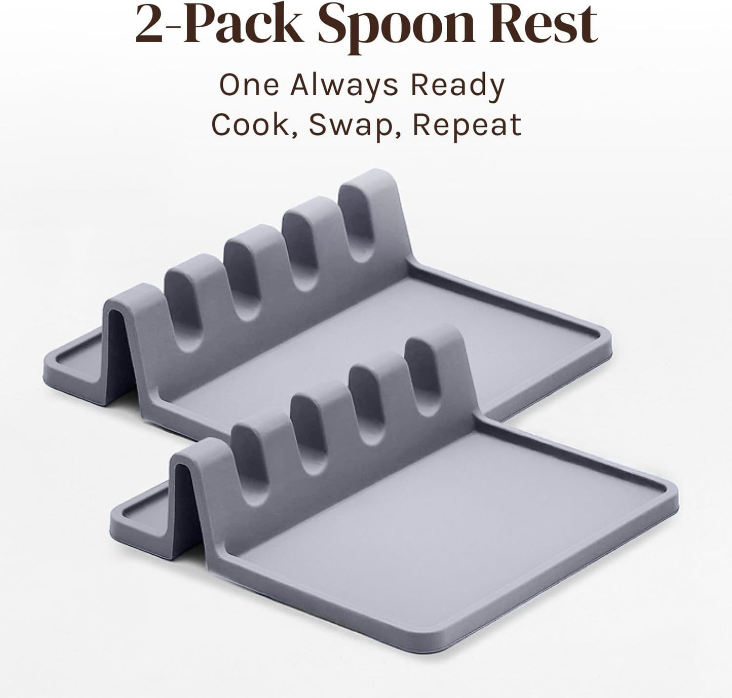 Silicone Spoon Rest for Stove Top with Drip Pad (2 Pack) - Heat Resistant BPA Free Utensil Rest & Kitchen Spoon Holder for Kitchen Counter - Grill Countertop - Spatula Holder, Tongs, Ladle - Grey