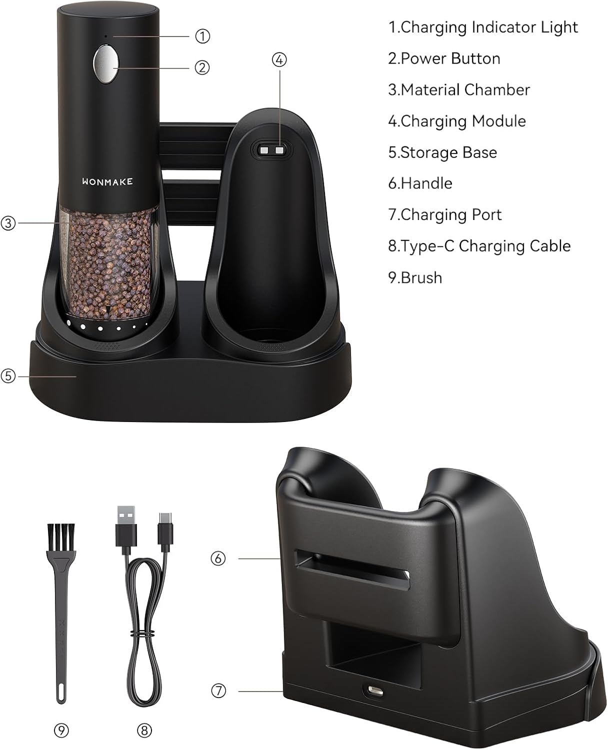 Electric Salt and Pepper Grinder Set - Automatic Refillable Salt and Pepper Grinders with Charging Base & LED Light, 6-Level Adjustable Coarseness with External Dial, Ideal Kitchen Gadget，Black& White