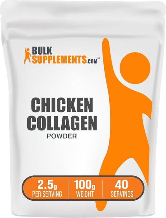 BulkSupplements.com Chicken Collagen Powder - Hydrolyzed Collagen Supplement, for Hair, Skin, & Nails - Unflavored & Gluten Free, 2.5g per Serving, 100g (3.5 oz) (Pack of 1)