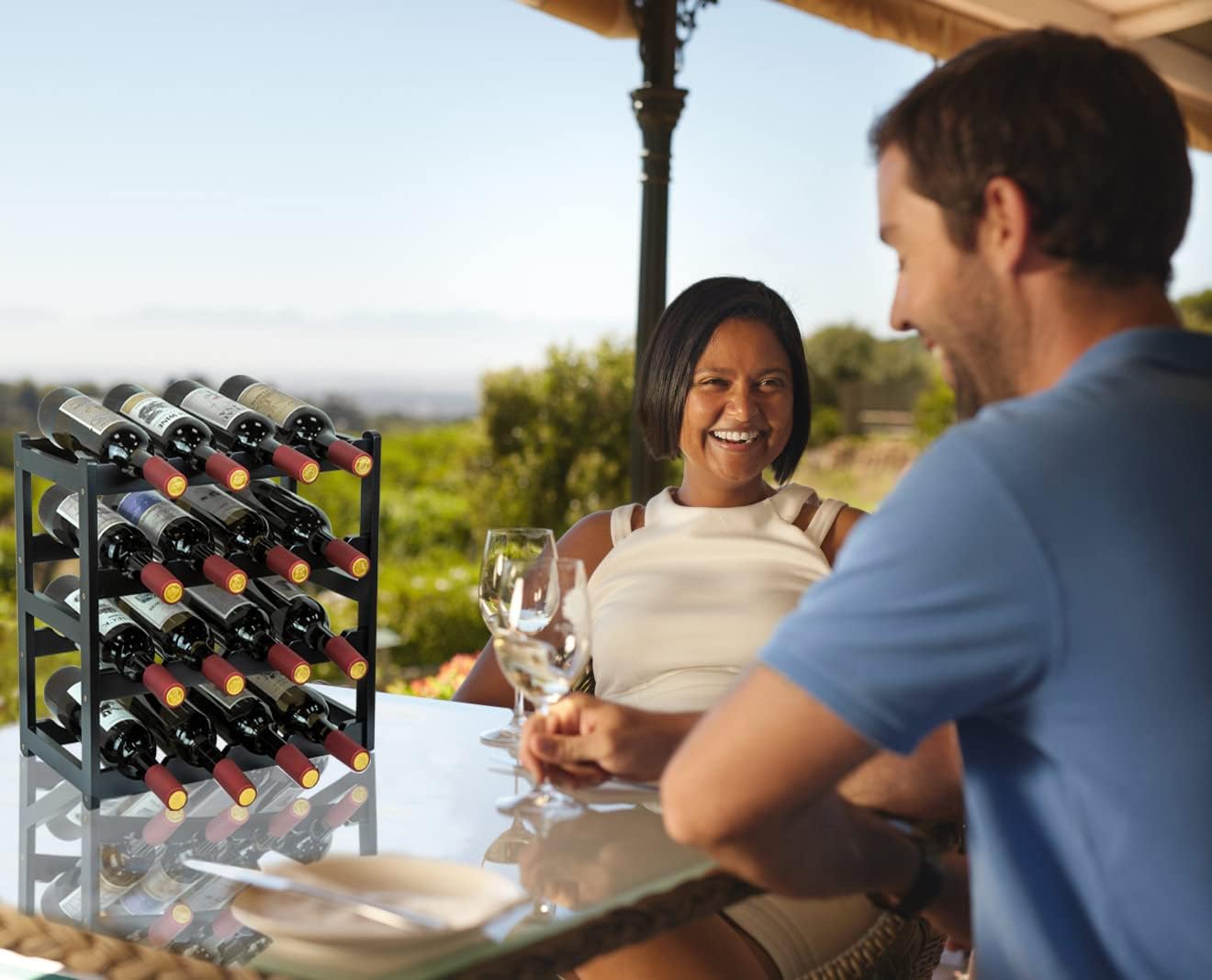 Bamboo Wine Rack, Sturdy and Durable Wine Storage Cabinet Shelf, Wine Racks Countertop for Pantry - 4 Tiers 16 Bottle Wine Rack Black