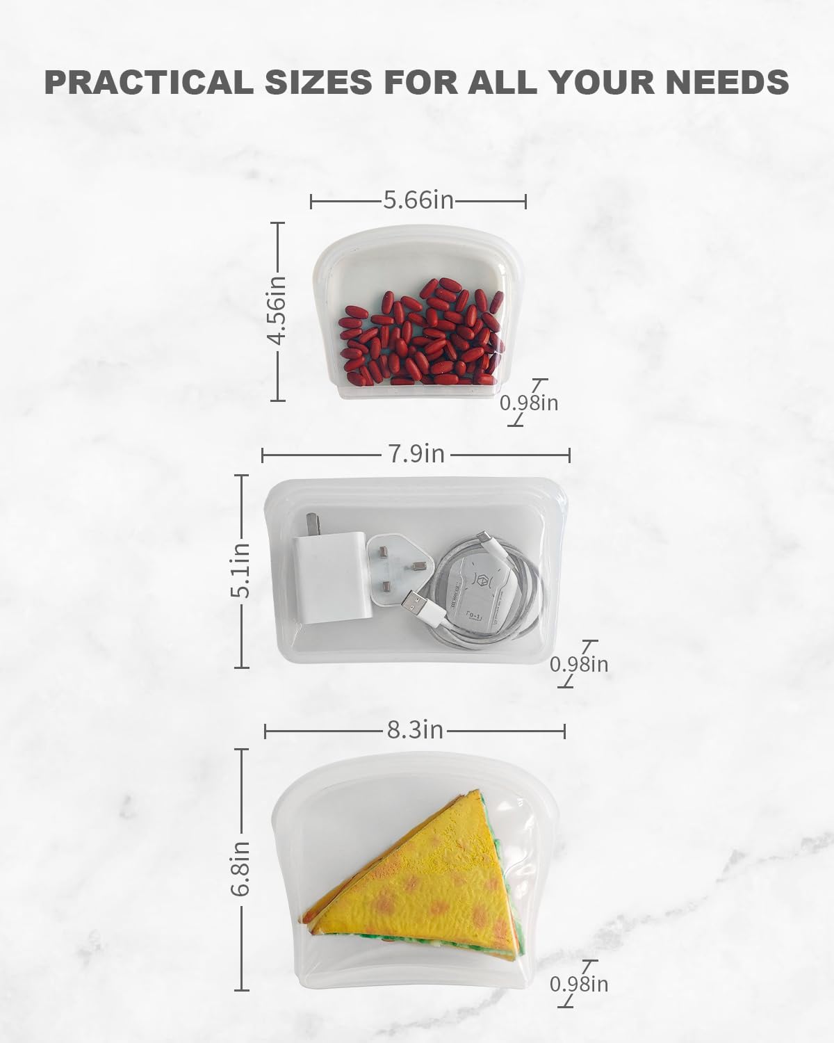 Reusable Silicone Storage Bag, 8Pack Pocket, Snack, and Sandwich Bag, Endurables Seal-Top Silicone Bags for Food Storage, Freezer, Microwave, Oven, Dishwasher Safe (Clear & Mint Green)