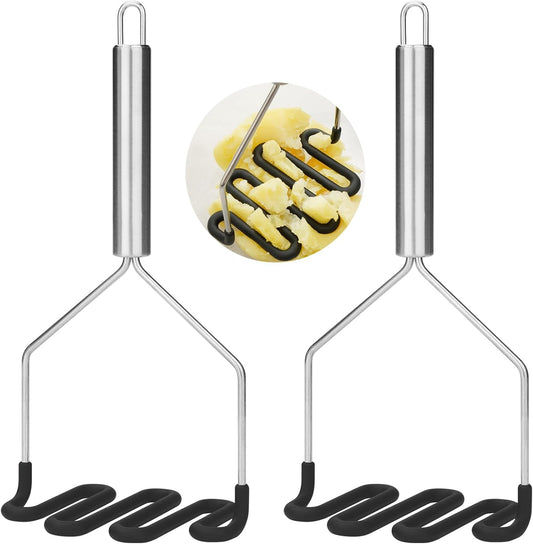 SHIKORI Non-Scratch Silicone Potato Masher Kitchen Tool, Potatoes Masher Potato Masher Stainless Steel Wrapped In Premium Silicone, Potato Smasher 2 Pcs-Black