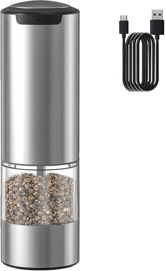 Electric Pepper Grinder, Rechargeable Automatic Pepper Mill Grinder with Led Light, One Hand Operation, Adjustable Coarseness, Stainless Steel, Refillable 70ml, Silver(1 Pack)