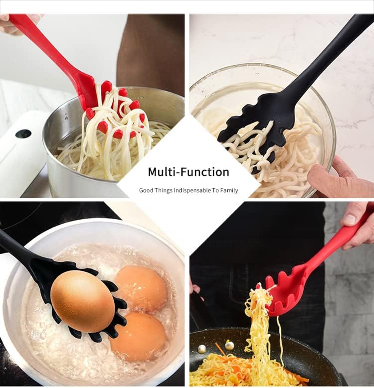 Silicone Pasta Fork (11.5"), High Heat Resistant to 480°F, Hygienic One Piece Design, Spaghetti Strainer & Server Spoon Pasta Forks (Black)