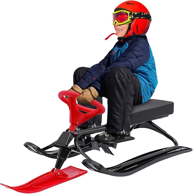 Sleds for Snow, Portable Snow Racer Winter Ski Sled Snow Sled W/Steering Wheel, Outdoor Ski Sled Slider Board for 3-15 Years Kids, Toboggan Pulling Boat Seat Sled for Ice Skating