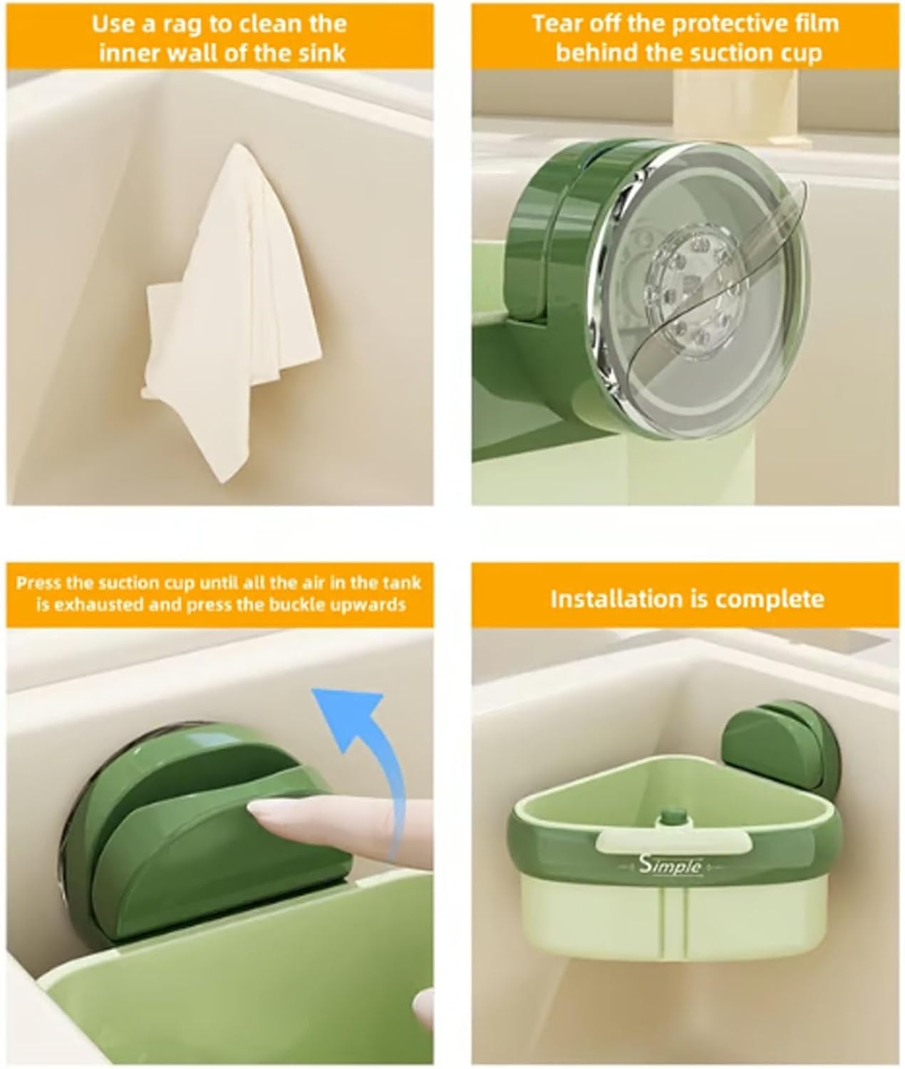 Suction Cup Sink Corner Rack, Curetoaway Corner Sink Strainer, Sink Trash Catcher, Plastic Triangular Baskets Corner Hanging, Rust Resistant, for Kitchen Food Waste (1Pcs Green)