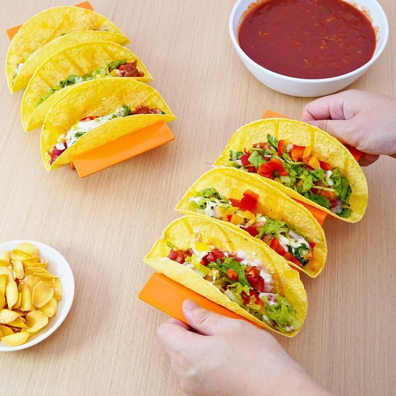 TP Taco Holder Stands, Set of 2 Melamine Large Taco Serving Rack Tray with Handle, Holds 3 Tacos, Dishwasher Safe, Ideal for Taco Night, Party, Home, Fiesta, Orange