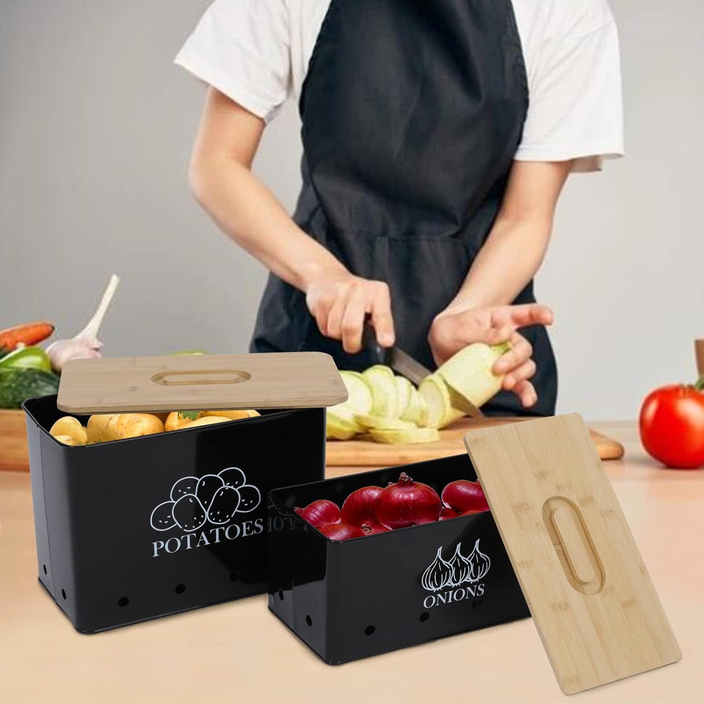 Potato Onion Storage Box, Food Container Sets, Storage Canisters for Vegeatables, Set of 2 Jars Pots Containers, Potato & Onion Bin with Aerating Tin Storage Holes & Bamboo Lid-Black