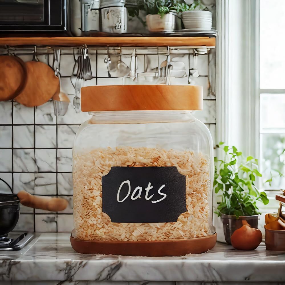 SAIOOL Large Capacity Screw Glass Food Storage Jars (Set of 2) - Diam 15cm x H16cm 2000ML Kitchen Canisters for Flour, Rice, Pasta, Leakproof Design with Yellow Wood Lid & Accessories