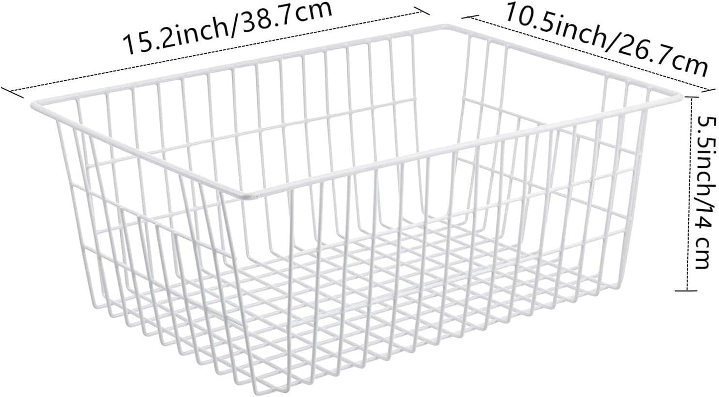 Redrubbit Wire Storage Baskets, Large Farmhouse Metal Freezer Basket Storage Organizer Bins with Handles for Kitchen Cabinets, Pantry, Closets, Bedrooms, Bathrooms, Set of 4, White