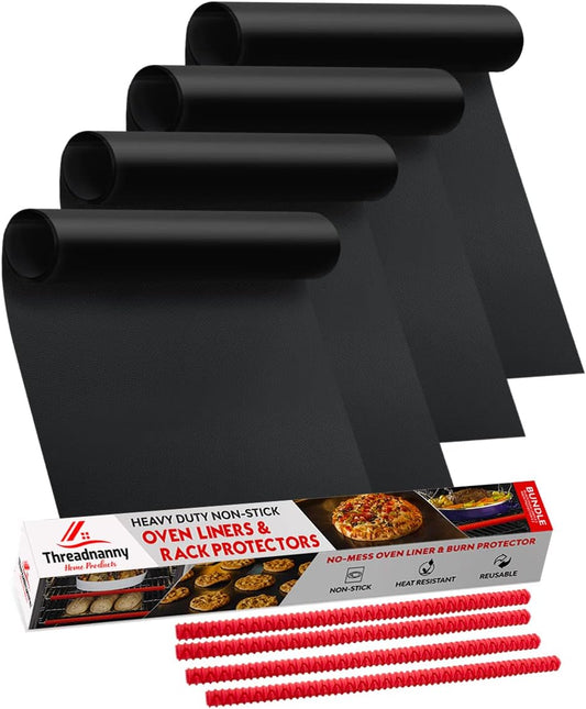 Oven Liners for Bottom of Oven Black (4-pack) Bundled with Range Rack Shield (4-pack) - Large Mat for Bottom of Range (17"x 25") and 14" Red Stove Guards for Racks - Reusable & Heat Resistant