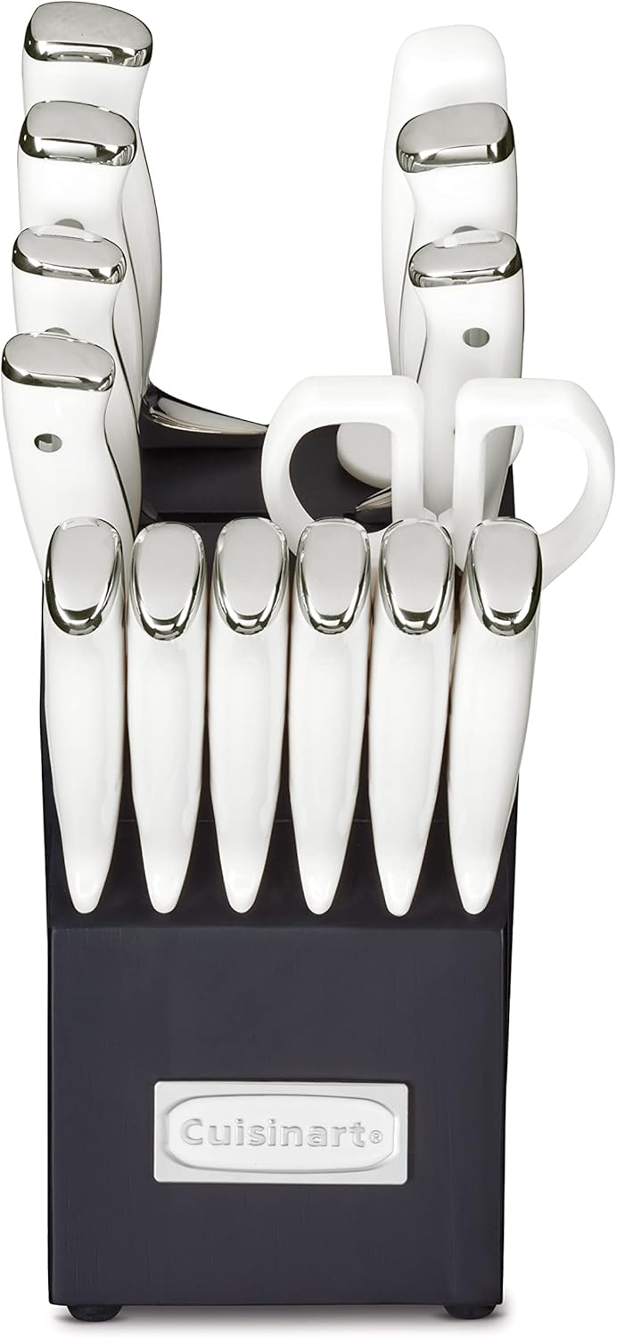 Cuisinart 15-Piece Knife Set with Block, High Carbon Stainless Steel, Forged Triple Rivet, White/Navy C77WTR-15PN