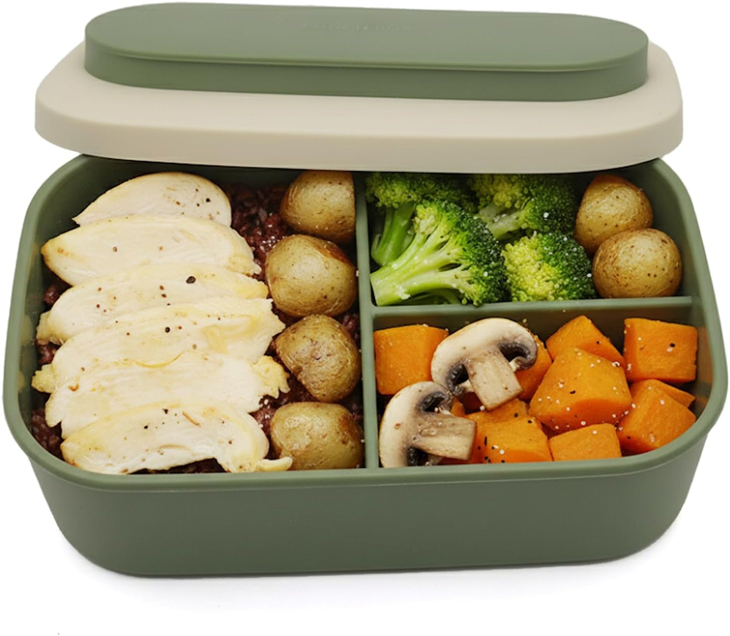 Silicone Bento Box Lunch Box for Adults, Lunch Food Container with 3 Compartment, BPA-Free and Leakproof, Microwave & Dishwasher Safe (Green)
