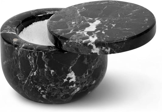 Marble Salt Cellar 3 Inch Black Salt Box With Swivel Lid, Spice Jar for Kitchen Counter with Magnetic Closure, Salt and Pepper Storage Container