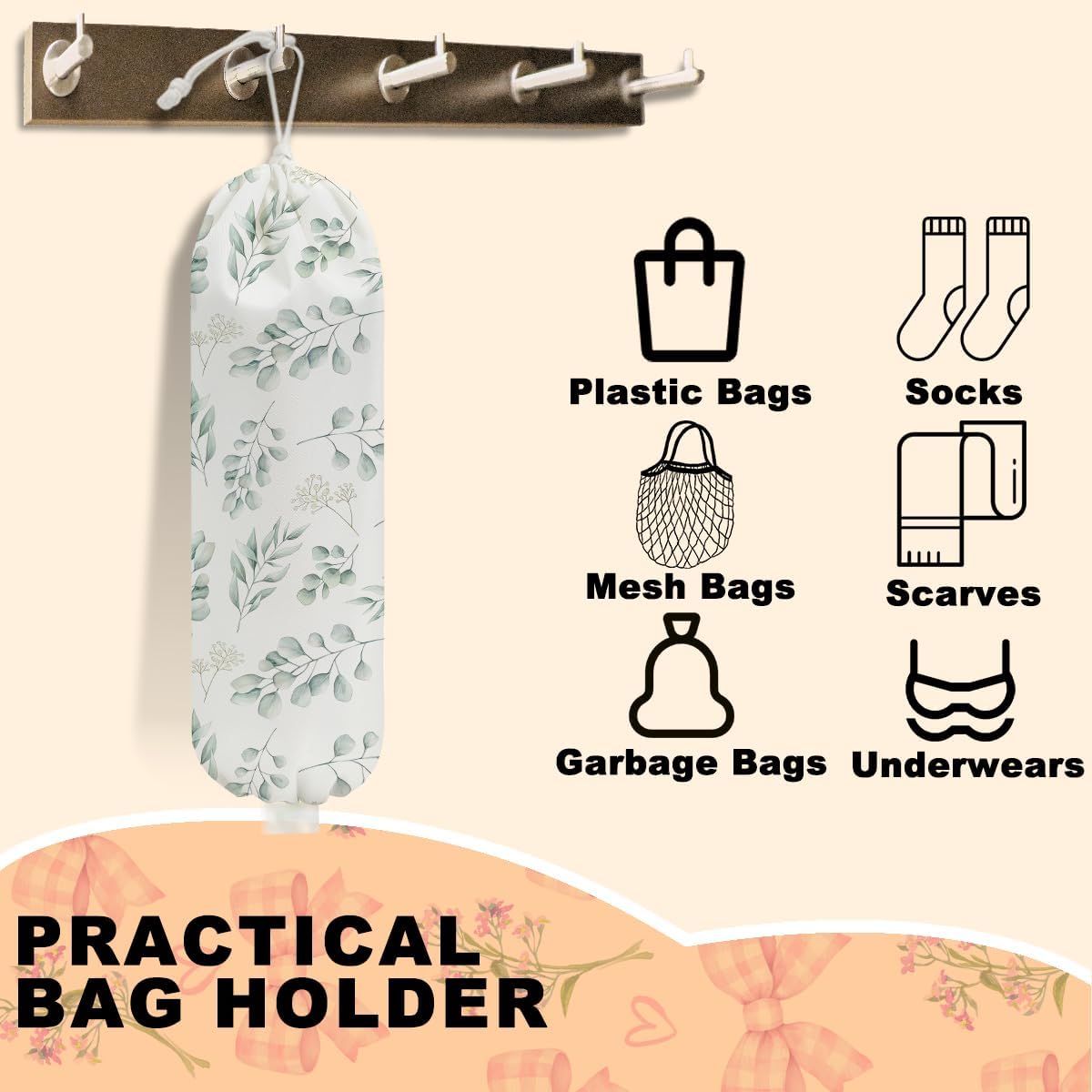 2Pcs Eucalyptus Leaves Plastic Bag Holder, Wall Mount Grocery Bag Holder for Plastic Bags, Boho Greenery Reusable Grocery Bags Storage Dispenser, Farmhouse Sweet Home Kitchen Decor