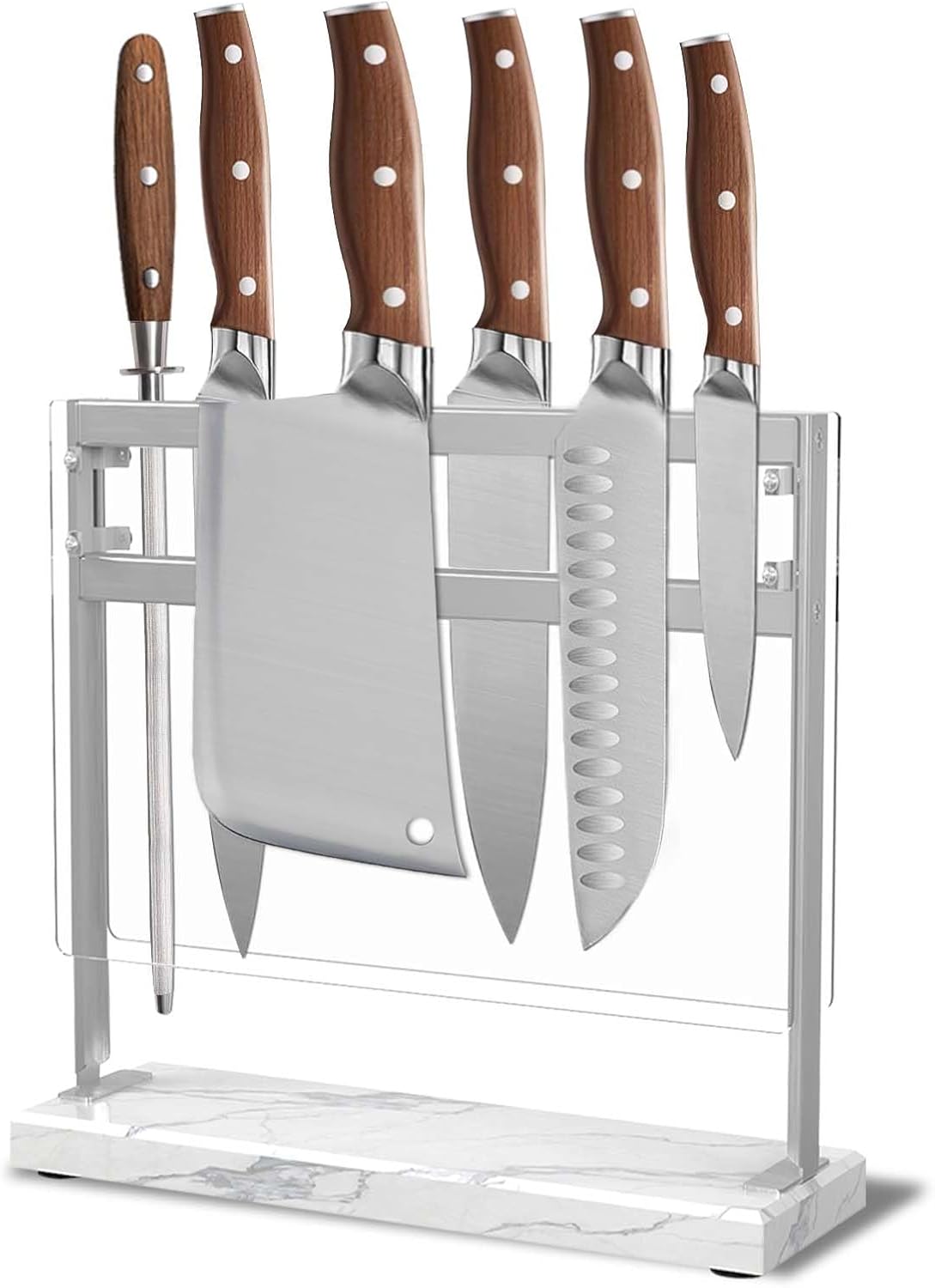 Magnetic Knife Stand Block with Marble Base, Double-sided Stainless Steel Magnets for Countertop with Acrylic Shield, Magnetic Knife Holder for Kitchen Storage, 12 IN, White