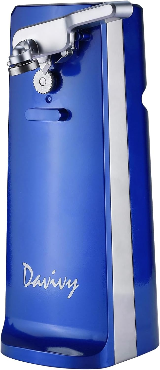 Davivy Electric Can Opener for One Touch Lid Opening,Removable Stainless Steel Cutter and 3-in-1 Design with Knife Sharpener and Bottle Opener. Blue