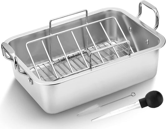 15 Inch Stainless Steel Roasting Pan with Cooling Rack - Turkey, Chicken, Ham Roaster with V-Shaped Baking Rack by Kendane