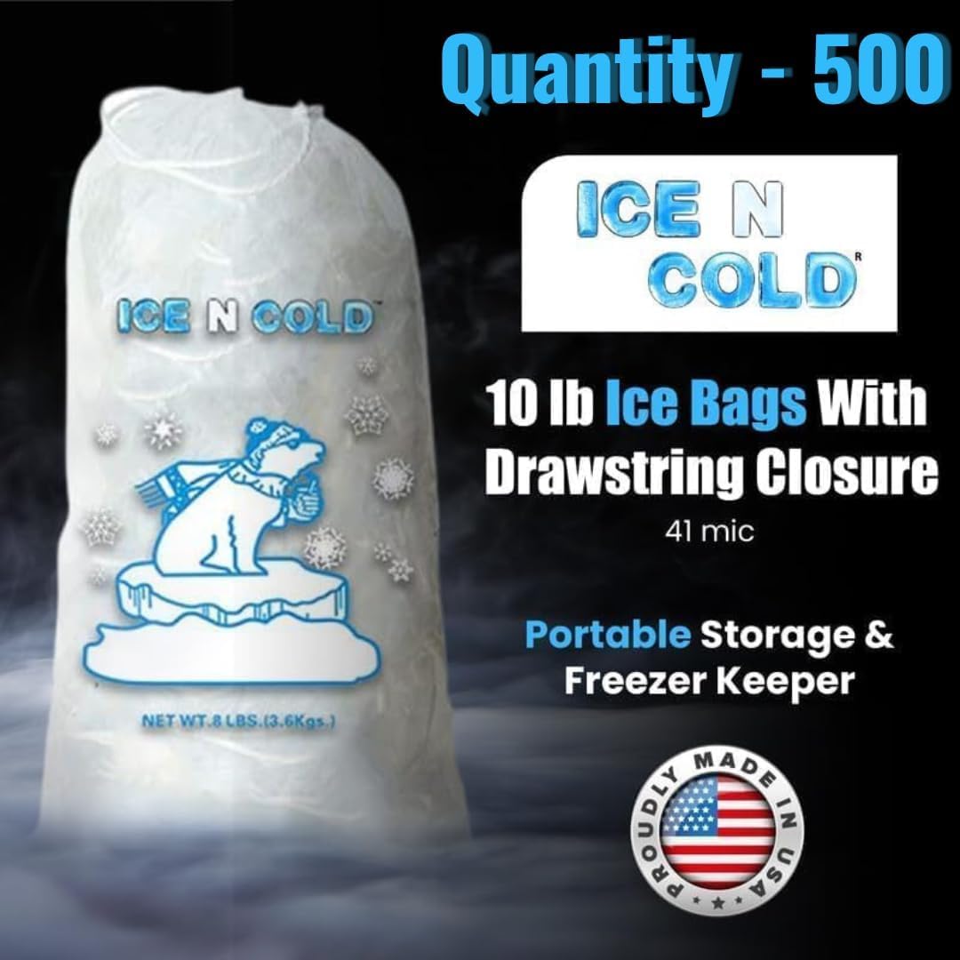Ice Bags with Drawstring Closure | 10lb, 500ct/cs | 41 mic Thickness | Portable Storage and Freezer Keeper