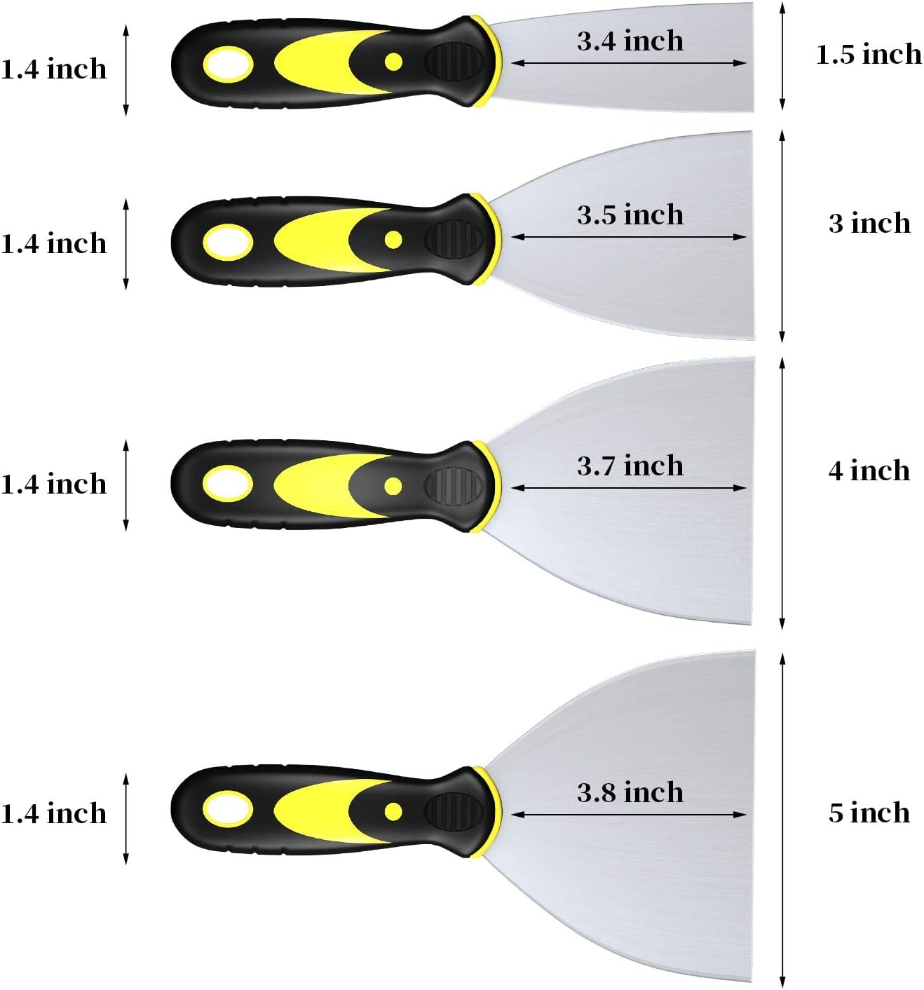 DEKEones Putty Knife Scrapers, Spackle Knife, Metal Scraper Tool for Drywall Finishing, Plaster Scraping, Decals, and Wallpaper (4 Pack, 5”, 4”, 3”, 1.5” Wide)