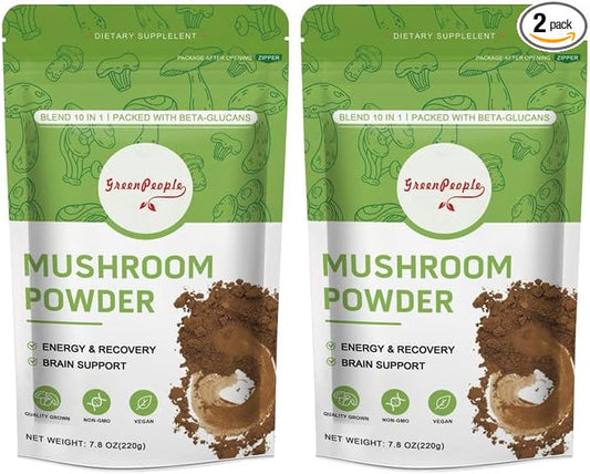 Mushroom Powder Mushroom Supplement - 10-in-1 Mushrooms Lions Mane Powder with Reishi/Cordyceps/Chaga/Turkey Tail/Maitake/Complex for Cognitive Function & Immune Support 78 Servings 2PCAKS