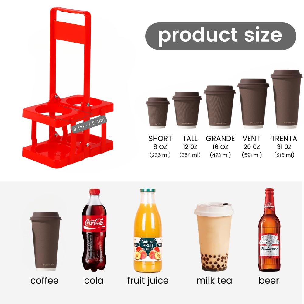 Bodaon 2 Cup Drink Carrier with Handle, Plastic Cup Carriers for Drinks, Drink Holder for Car, GrubHub/Eats Doordash Accessories, Portable Foldable Reusable Mobile, Use for Food Delivery Bag, Red
