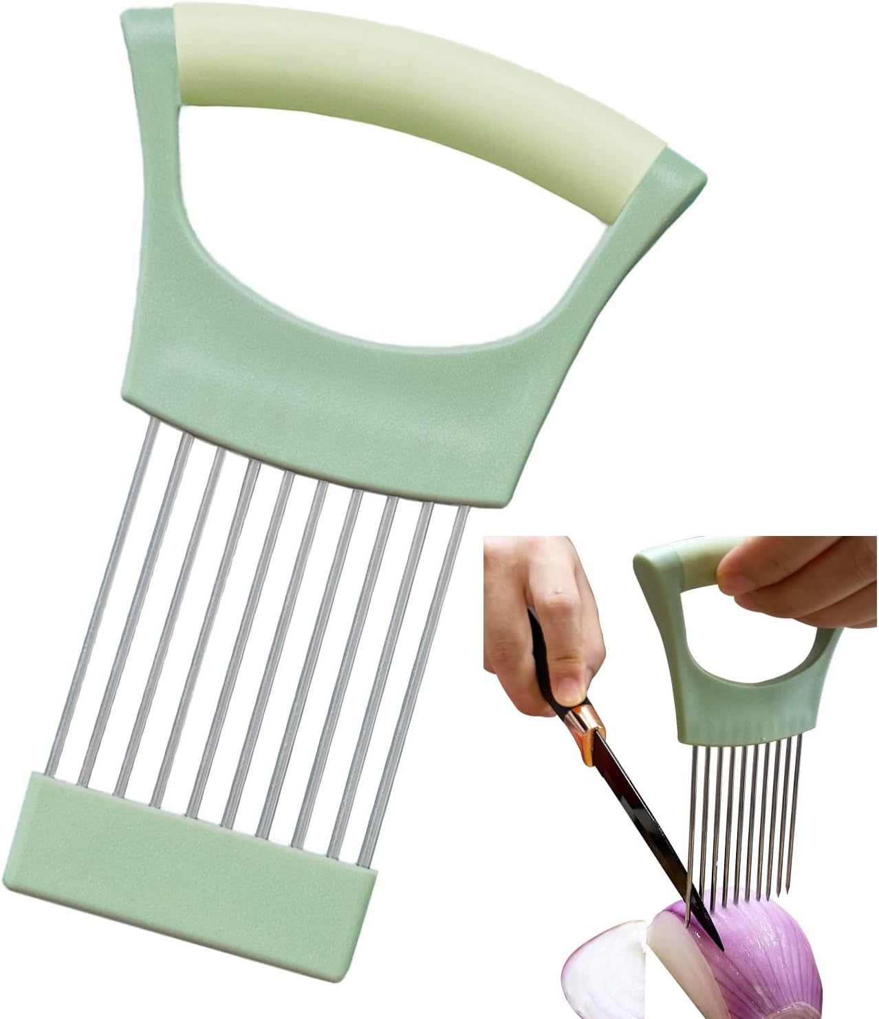 Onion Holder for Slicing Onion Slice Holder Kitchen Chopper Assistant Tool,Vegetable Cutter with Protective Cover for Tomato,Lemon,Potato,Egg,Food Slice Assistant,Home Kitchen Tool (Light Green)