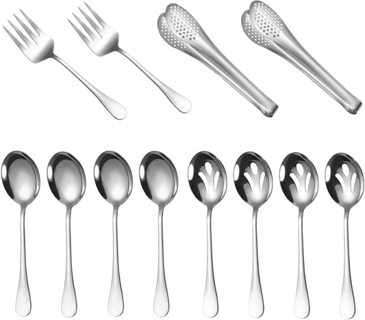 Large Serving Utensils,12 Pcs Stainless Steel Serving Set with Serving Spoons,Serving Fork,Serving Tongs,Polished Serving Utensil Set for Buffet Parties Home,Dishwasher Safe