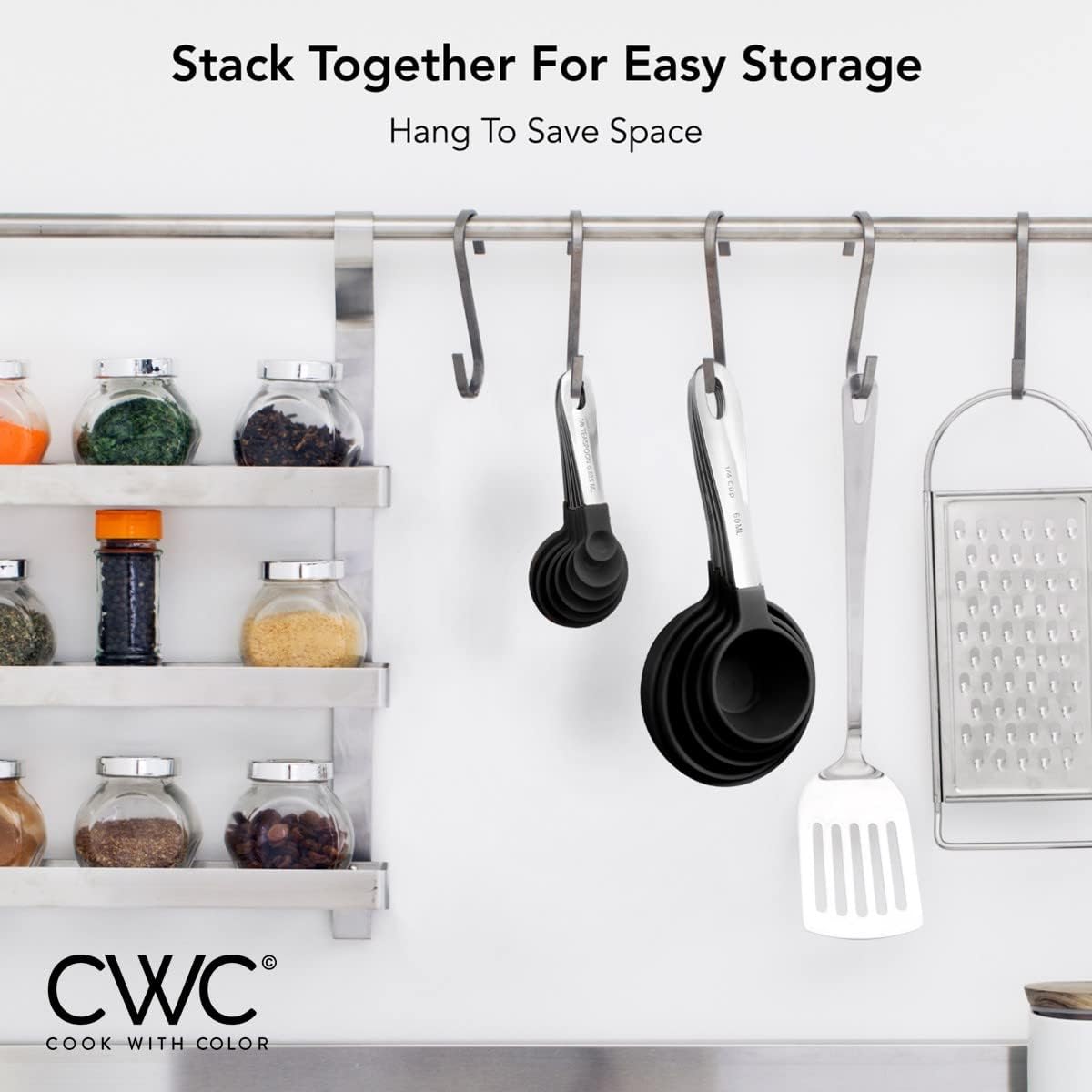 COOK WITH COLOR Measuring Cups Set and Measuring Spoon Set, Stainless Steel Handles, Nesting Kitchen Measuring Set, Liquid Measuring Cup Set, 12 PC Stainless Steel, Black