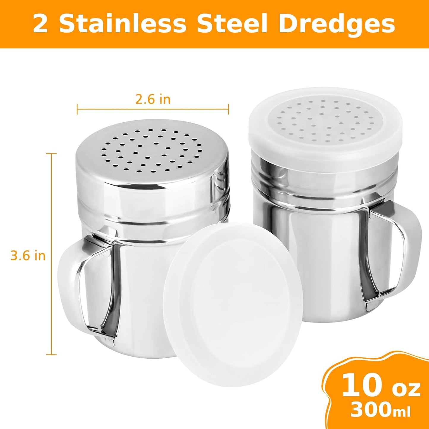 Accmor 2pcs Stainless Steel Dredge, Salt Pepper Dredge Shakers with Handle, Seasonings Spice Shakers with Lid, 10 Ounce