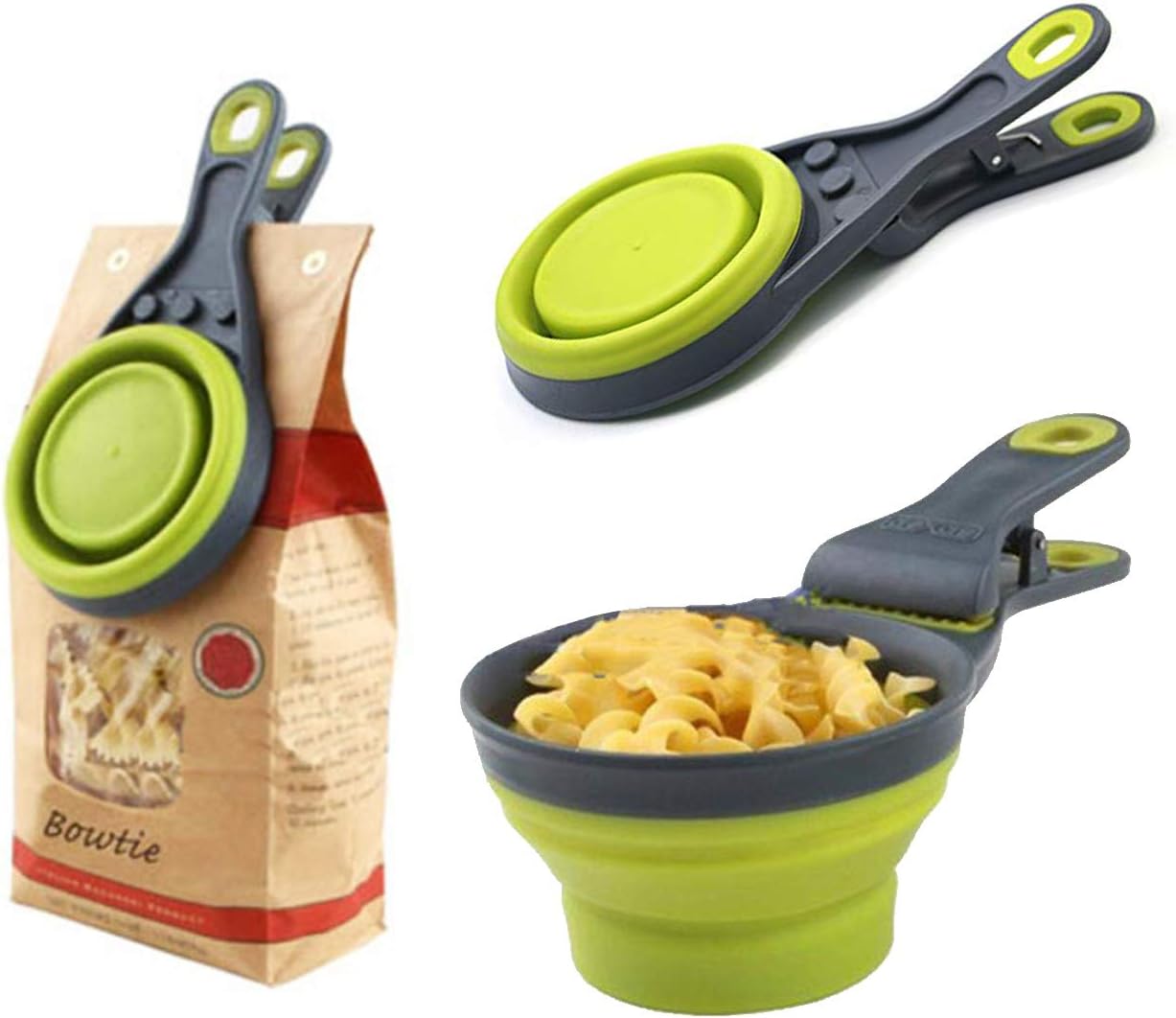 Collapsible Pet Scoop Silicone Measuring Cups Set Sealing Clip 3 in 1 Multi-Function Scoop Bowls Bag Clip for Dog Cat Food Water Set of 2 (1 Cup & 1/2 Cup Capacity) (Multicolor)