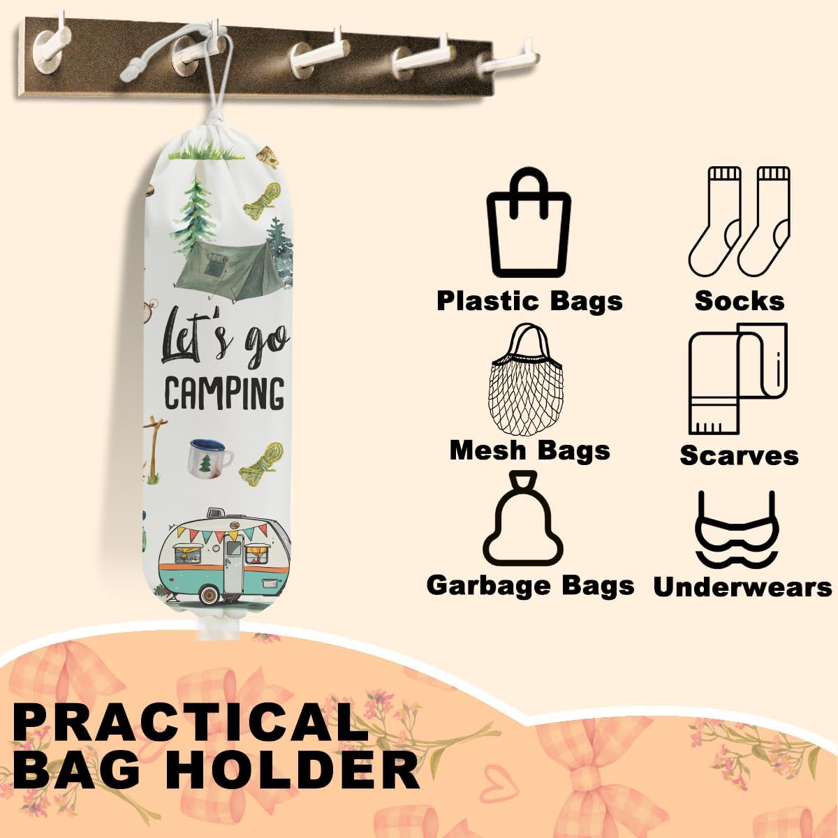Camping Plastic Bag Holder, Wall Mount Trash Bag Holder, Tent Rv Bonfire Large Reusable Grocery Bags Organizer Storage Dispenser for Camp Kitchen Pantry, Camping Gifts for Women Men Camper