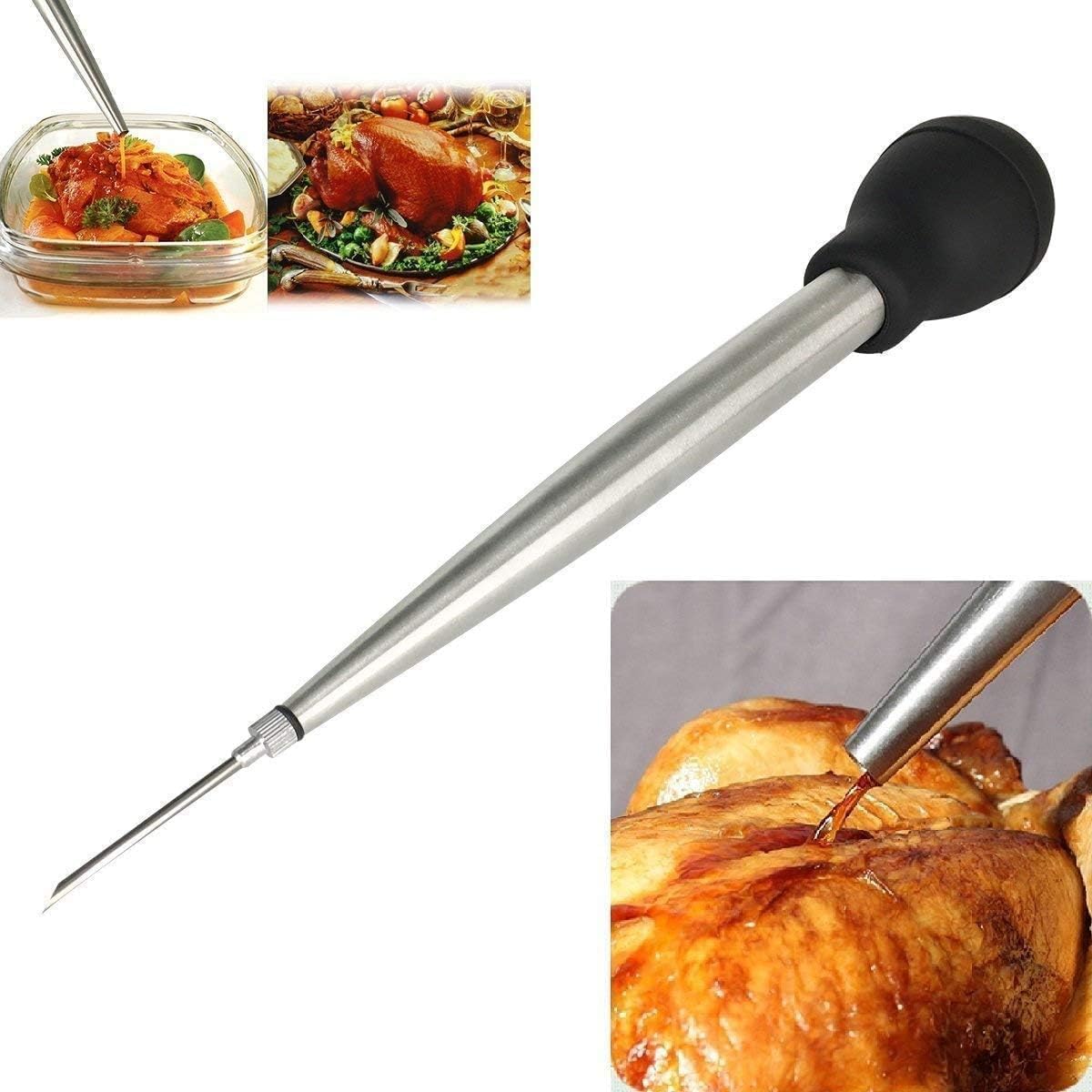 Stainless Steel Turkey Baster Syringe, Flavor Injector Needle,With Cleaning Brush- Easy to clean, Rubber Bulb