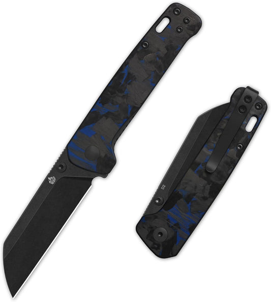 QSP Penguin V2 Folding Pocket Knife, 3.06" D2 Black Stonewash Blade EDC Knife, Blue Shredded CF Overlay G10 Handle, Liner Lock, Ceramic Ball Bearings, Reversible SS Deep Carry Clip