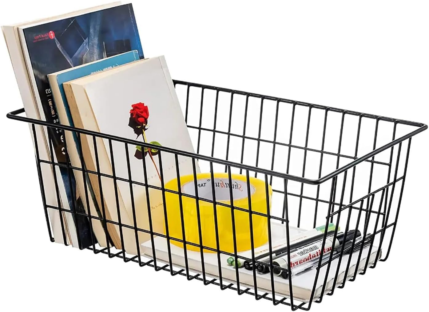 Redrubbit Wire Storage Baskets, Large Farmhouse Metal Freezer Basket Storage Organizer Bins with Handles for Kitchen Cabinets, Pantry, Closets, Bedrooms, Bathrooms, Set of 4, Black