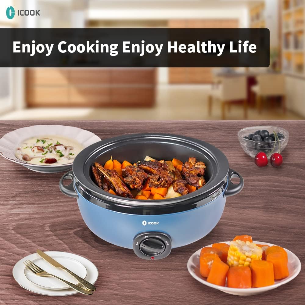 ICOOK USC-65-OP001BL 6.5 Quart Slow Cooker,Aluminium Sear/Sauté Stew Pot Stovetop safe,Dishwasher Safe,Glass Lid,Adjustable Temp,Food Warmer(Blue)