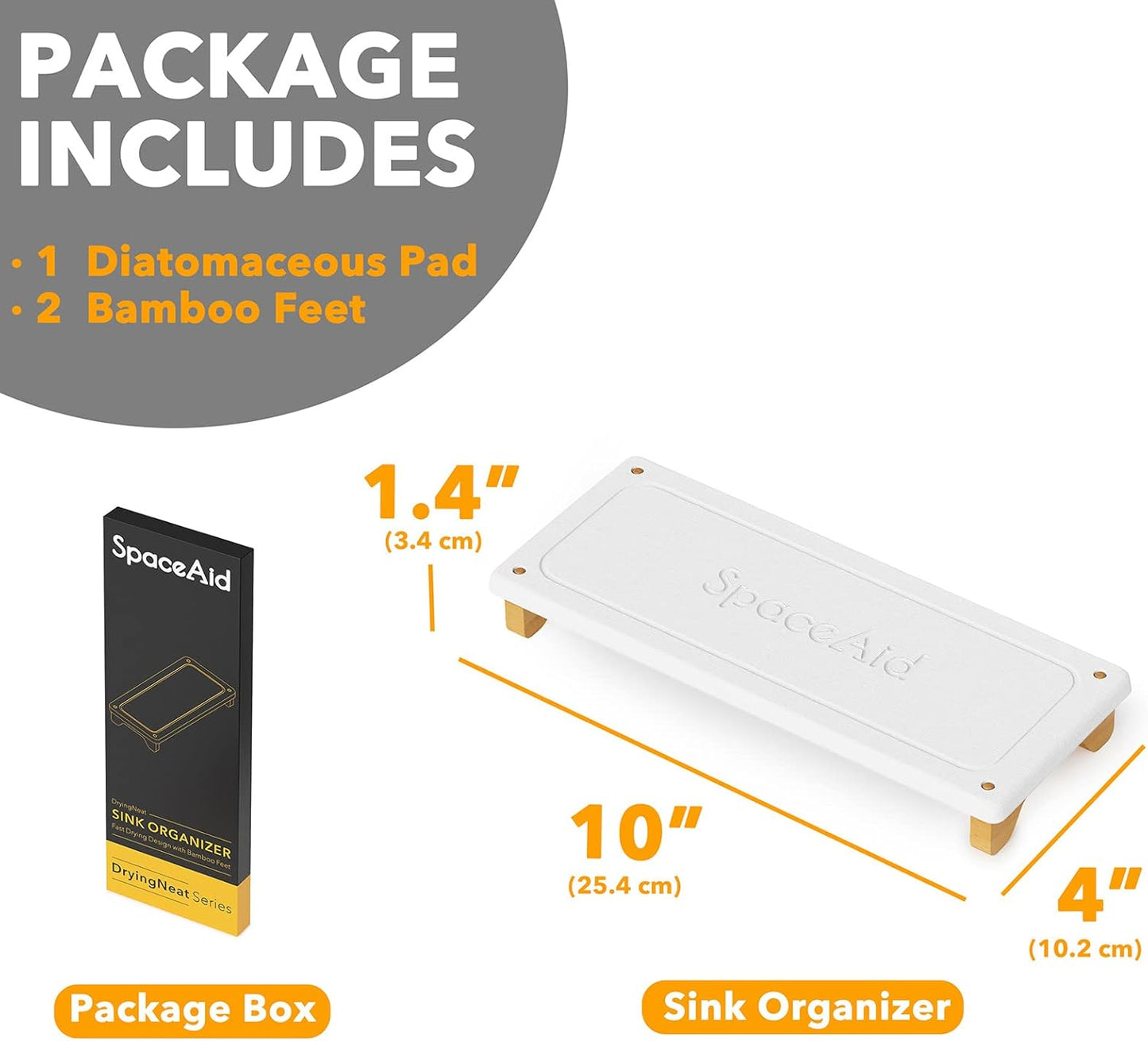 SpaceAid DryingNeat Sink Organizer, Instant Dry Sink Caddy Organizers, Kitchen Sponge Soap Holder Dispenser, Countertop Fast Drying Rack (Bamboo Feet, White)