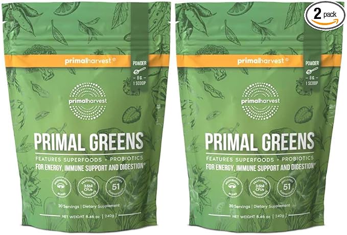 Primal Harvest Primal Greens Powder, 30 Servings Once Daily Supergeens Nutritional Supplement with Spirulina, Mushroom Blend & Probiotics to Support Energy, Wellness, & Digestion
