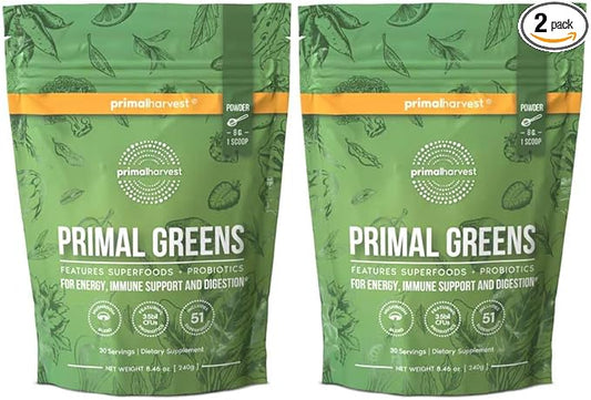 Primal Harvest Primal Greens Powder, 30 Servings Once Daily Supergeens Nutritional Supplement with Spirulina, Mushroom Blend & Probiotics to Support Energy, Wellness, & Digestion