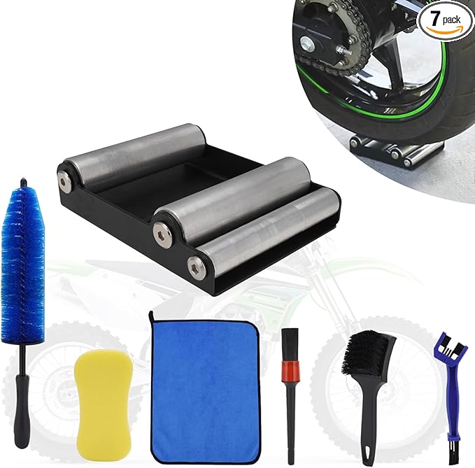 Motorcycle Wheel Cleaning Stand with Cleaning Brush Kit,Universal Roller Paddock for Dirt Street Bike Ebike for Tire Cleaning & Chain Lubrication(Bikes<500 lb & Tire Width<180 mm)
