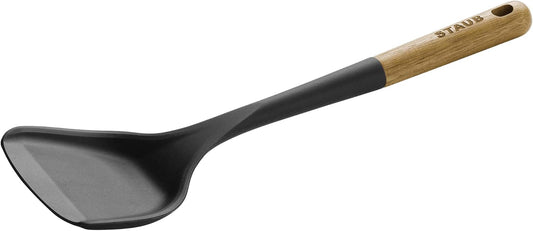 STAUB Wok Spatula, Perfect for Scooping, Flipping, Stirring, and Turning Stir Fries, One Size, Durable BPA-free Matte Black Silicone, Acacia Wood Handles, Safe for Nonstick Cooking Surfaces