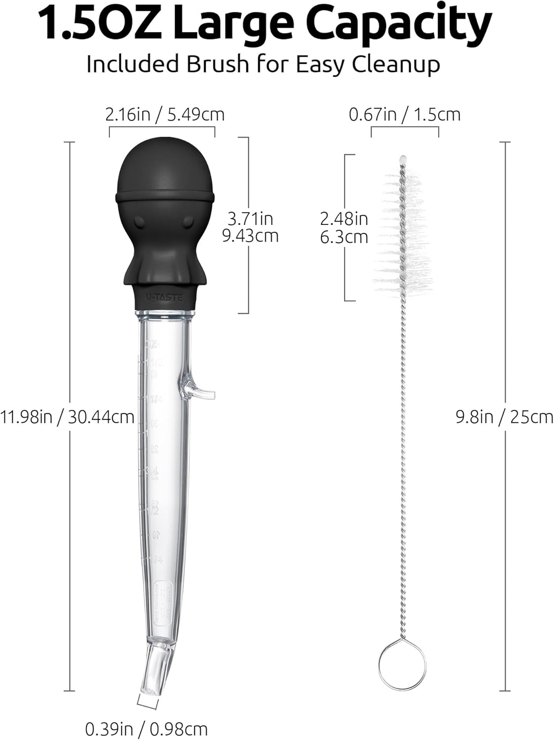 U-Taste 1.5oz Angled Turkey Baster - 228.2ºF Heat Resistant Food Grade Tritan and Silicone Large Octopus Bulb Baster Set with Cleaning Brush for Cooking Basting Meat Poultry Beef Chicken (Black)
