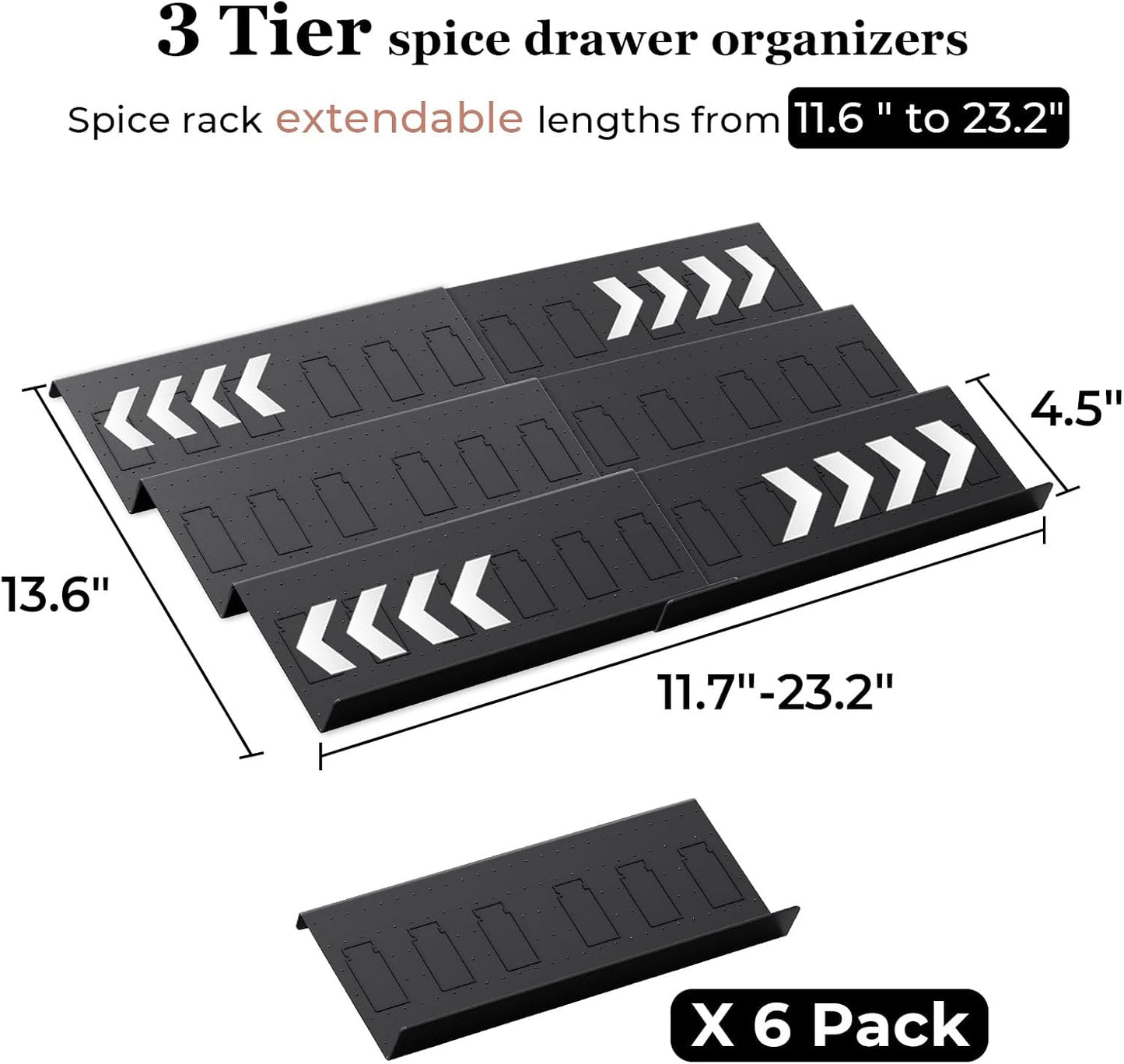 Famhap 6 Pack Spice Drawer Organizer with Labels and 36 Plastic Jars, Expandable from 11.7" to 23.2" Seasoning Rack Tray Insert for Kitchen Drawers, Spice Rack Drawer for Spice Jars