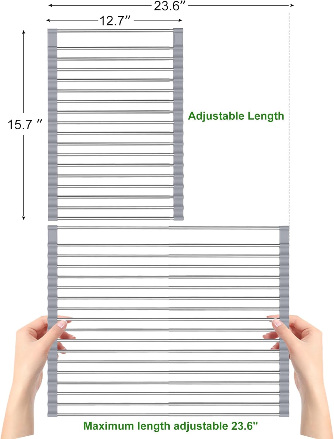 Expandable Roll Up Dish Drying Rack, 23.6"L x 15.7"W Large Stainless Steel Over The Sink Dish Drying Rack with Silicone Wrapped Anti-Slip Foldable Multipurpose Dish Drainers for Kitchen Sink