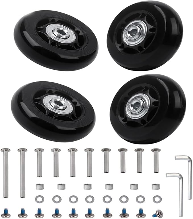 Luggage Suitcase Replacement Wheels Set 4Pcs PU Bearing Wheels-Install Dia 2.4in/60mm Width 0.8inch/21mm with 3 Size Axles for Trolley Bag Drawbar Box Smooth Rolling Repair