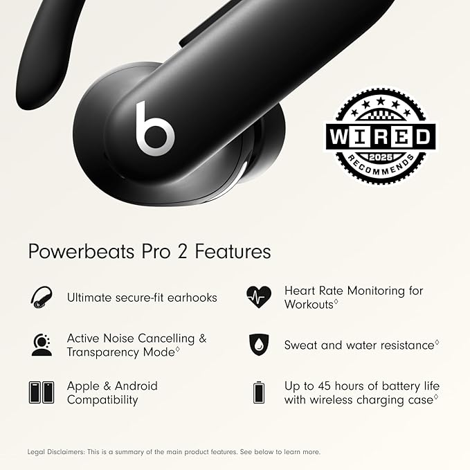 Beats Powerbeats Pro 2 Wireless Bluetooth Earbuds - Noise Cancelling, Heart Rate Monitor, IPX4, Up to 45H Battery & Charging Case, Works with Apple & Android - Jet Black
